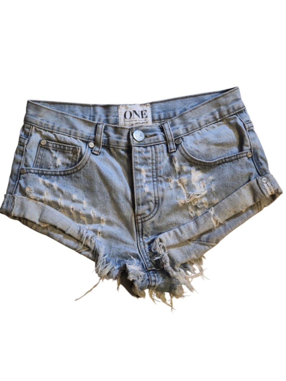 One Teaspoon Faded Light Blue Distressed Denim Cutoff Shorts